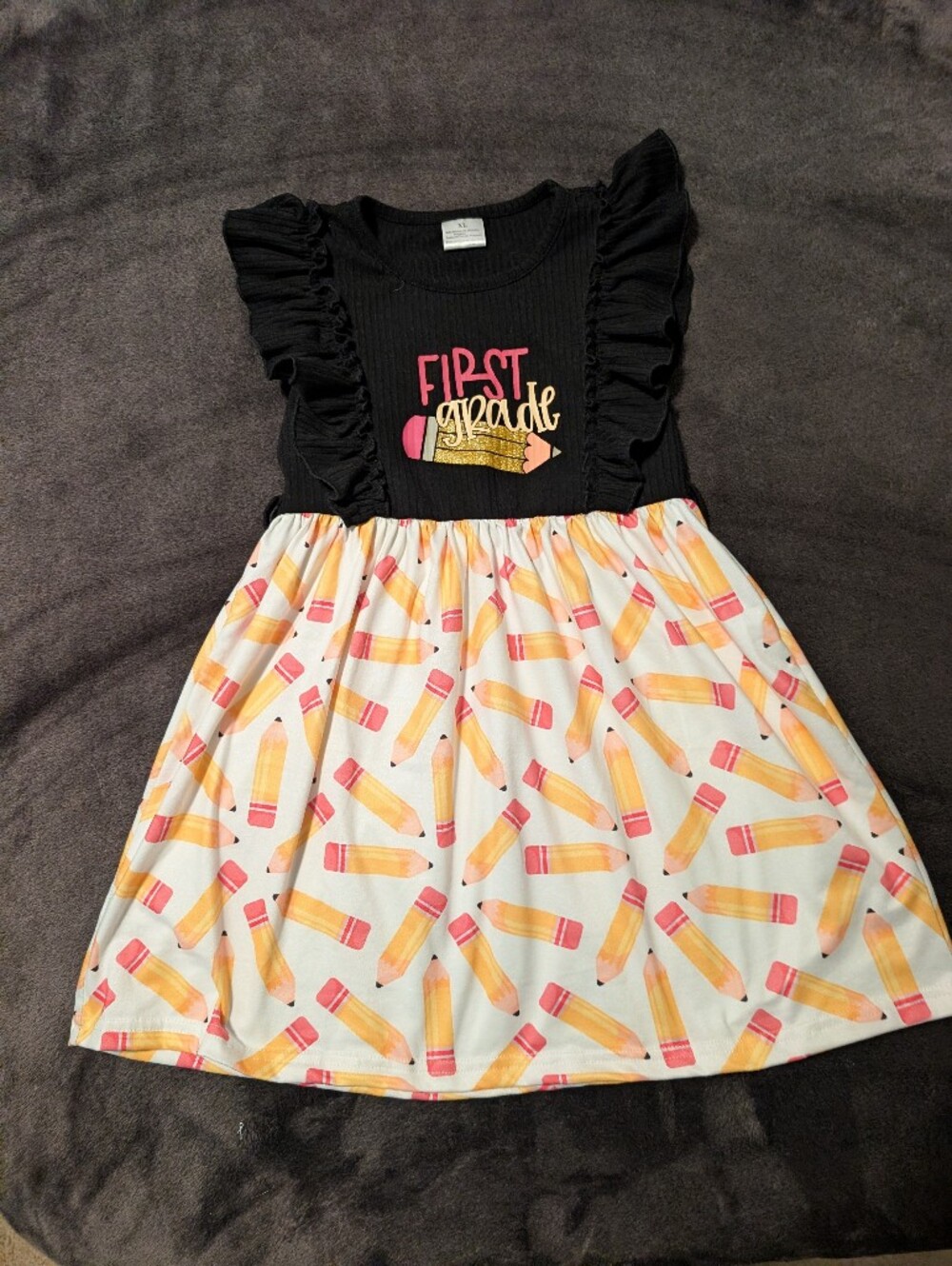 First Grade Black & Yellow Pencil Print Kids Dress